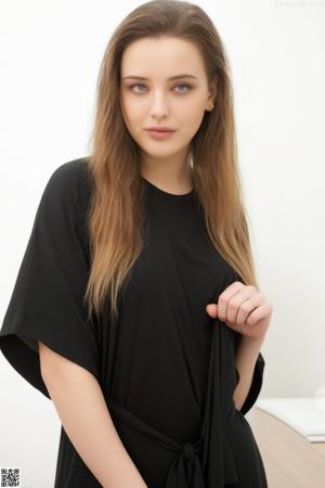 A woman in a black dress posing on a bed.