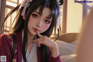 A woman with long dark hair and a detailed outfit.