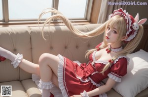 a woman in a red and white dress sitting on a bed