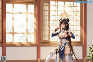 A woman in a blue and gold traditional outfit stands outdoors near a building with red lanterns.