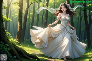 A woman in a wedding dress standing in the woods.