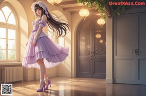 A woman in a purple dress is posing for a picture.