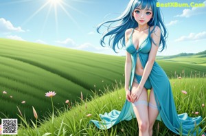 Anime girl with long green hair in a bikini posing for the camera.