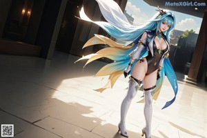 A woman with long blue hair standing in front of a tree.