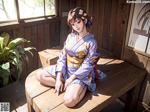 A woman in a blue kimono sitting on a wooden bench.