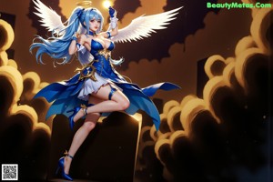 A woman in a white dress with blue hair posing for a picture.