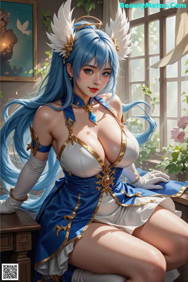 Hentai - Captivating Grace of the Cosmic Maiden Set.2 20250125 Part 1 No.166503 A woman with long blue hair sitting on a table.