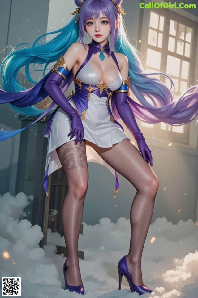 Hentai - Sovereign of Lightning in Exquisite Garb Set.1 20250125 Part 18 No.79ca06 A woman with long blue hair wearing a white dress and purple gloves.
