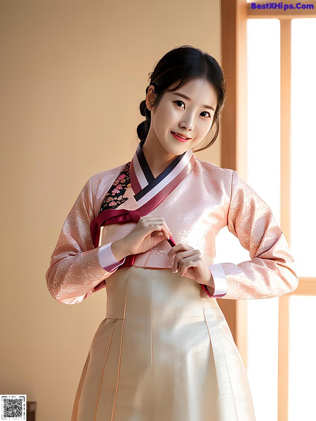 A woman in a pink and white hanbok is posing for a picture.