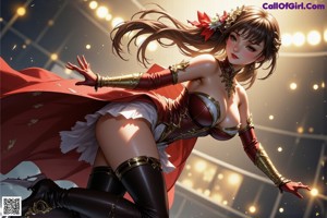 A woman in a red and white dress is dancing.
