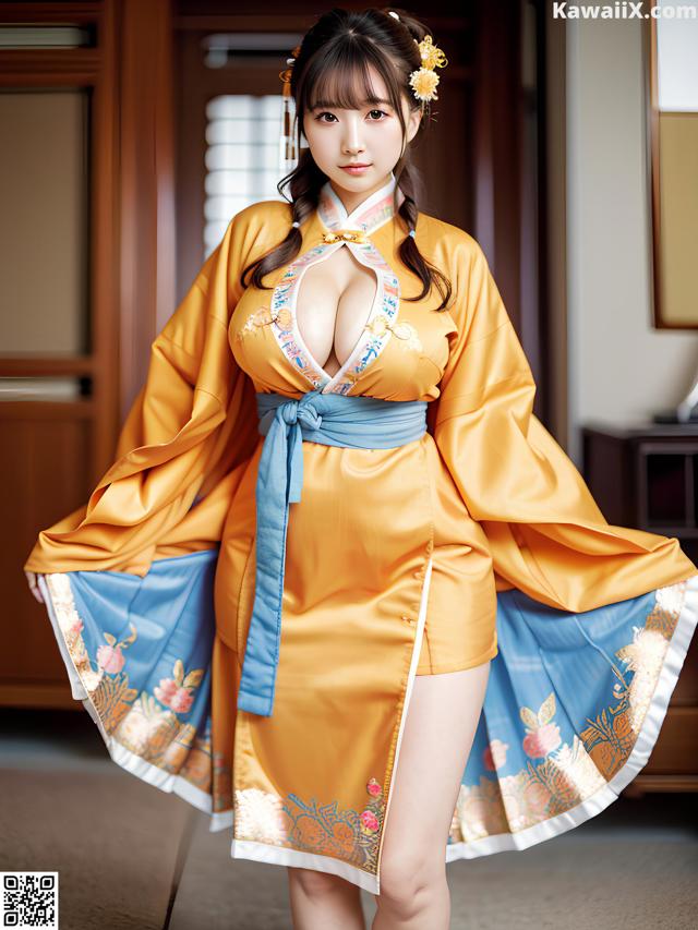 A woman in a yellow and blue kimono posing for a picture.