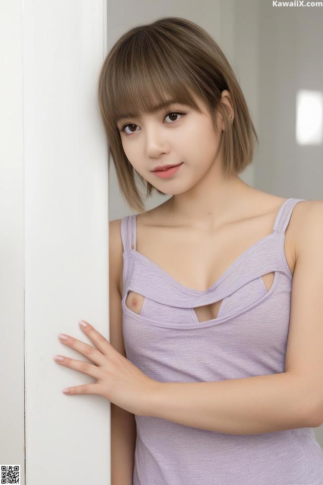 A woman in a purple tank top leaning against a wall.