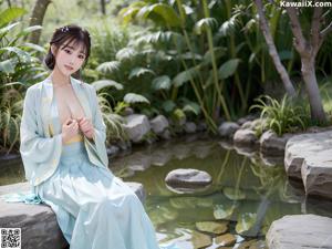 A woman in a pink robe sitting on a wooden bench.