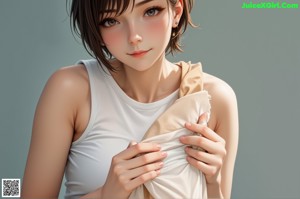 A woman in a white bathing suit holding her arm.