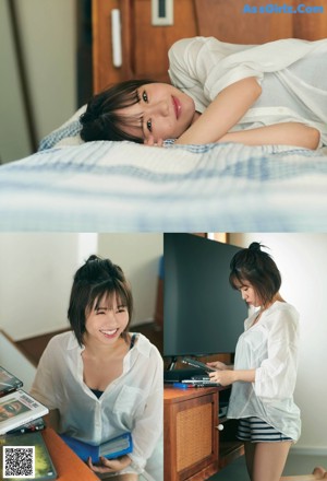 A woman sitting on top of a bed wearing a white shirt.