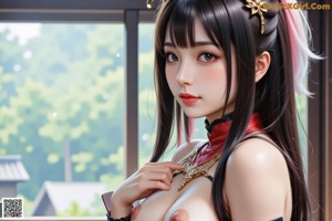 A woman in a revealing outfit with a cape and accessories.