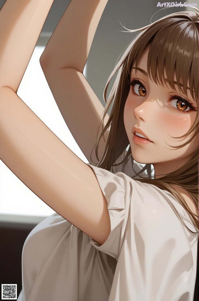 A girl with long brown hair and a white shirt.