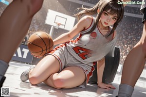 A girl in a blue and white uniform holding a basketball.