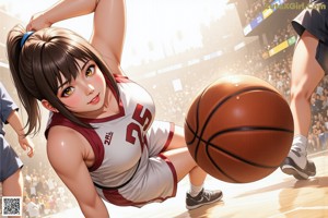 A woman holding a basketball on a basketball court.