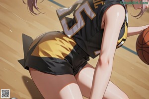 A woman in a white shirt and black shorts playing basketball.