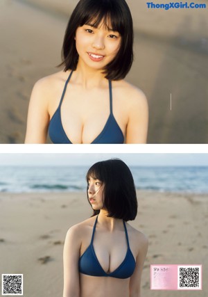 A collage of photos of a woman in a bathing suit.