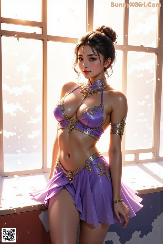 A woman in a purple bikini standing in front of a window.