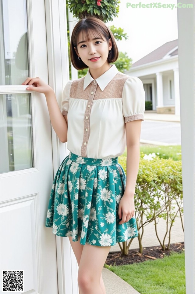 a woman standing in front of a door wearing a white shirt and green skirt