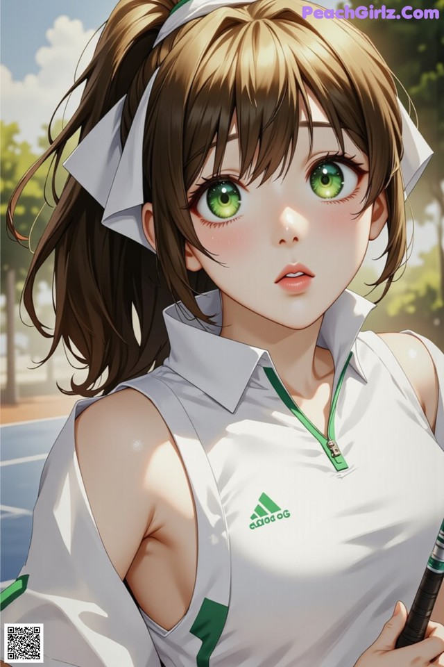 A girl with green eyes holding a tennis racket.