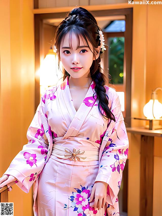 A woman in a pink kimono posing for a picture.