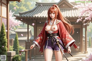 A woman in traditional attire holds a sword and shield amidst cherry blossoms.