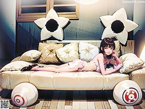 A woman sitting on the floor in a black and white outfit.