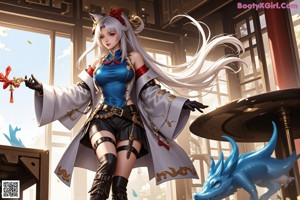 A woman in a white and blue outfit holding a sword.