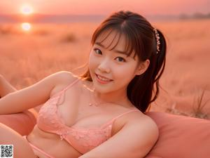 A woman in a pink bikini sitting on a bed.