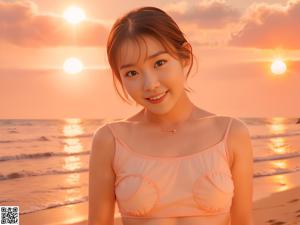 A woman in a pink bikini sitting on a beach.