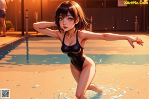 A woman in a purple bathing suit sitting in a pool.