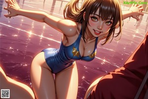 A woman in a bikini sitting on the ground.
