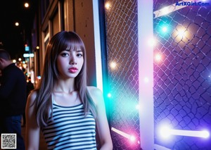 A woman in a blue and white striped shirt is posing for the camera.