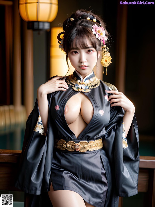 A woman in a black kimono posing for a picture.