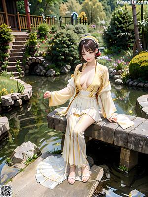 A woman in a kimono sitting on a bed holding a book.