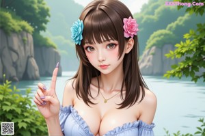 A naked anime girl sitting on a window sill.