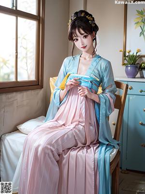 A woman in a blue dress sitting on a bed.