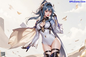 A woman with blue hair standing in a kitchen.