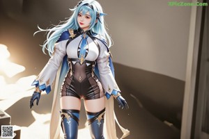 A woman with blue hair is posing naked in a costume.