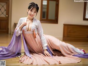 A woman in a pink robe posing for a picture.