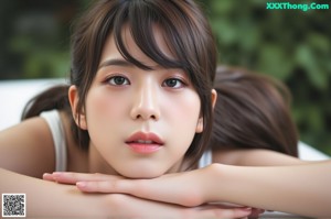 A woman laying on a wooden floor wearing a white shirt.